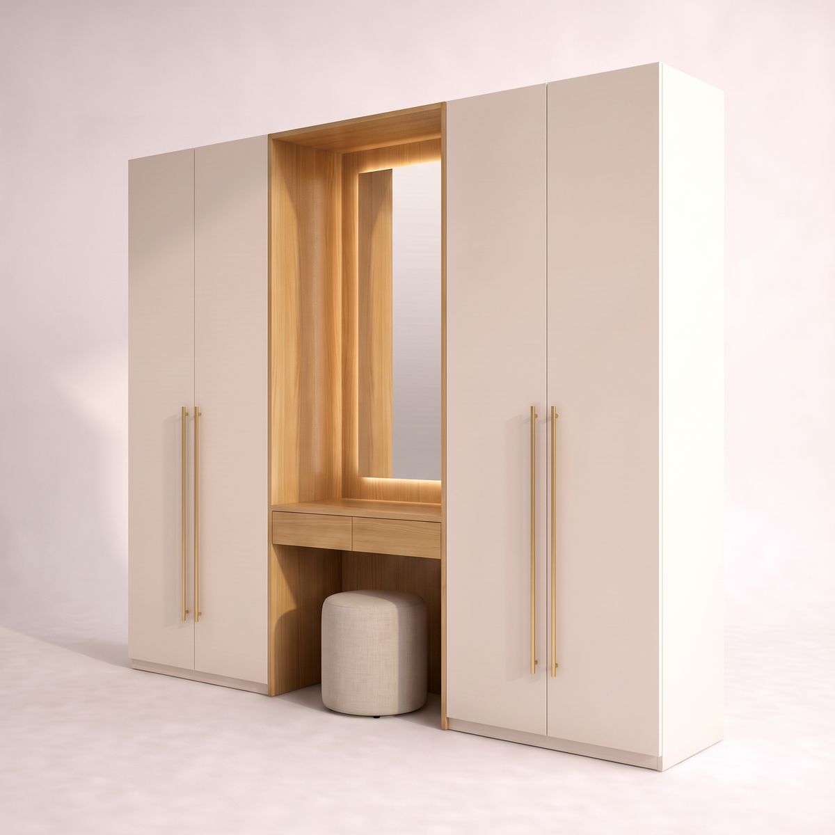 Dresser Wing Wardrobe with ash dressing niche and brass pulls, front-right three-quarter view