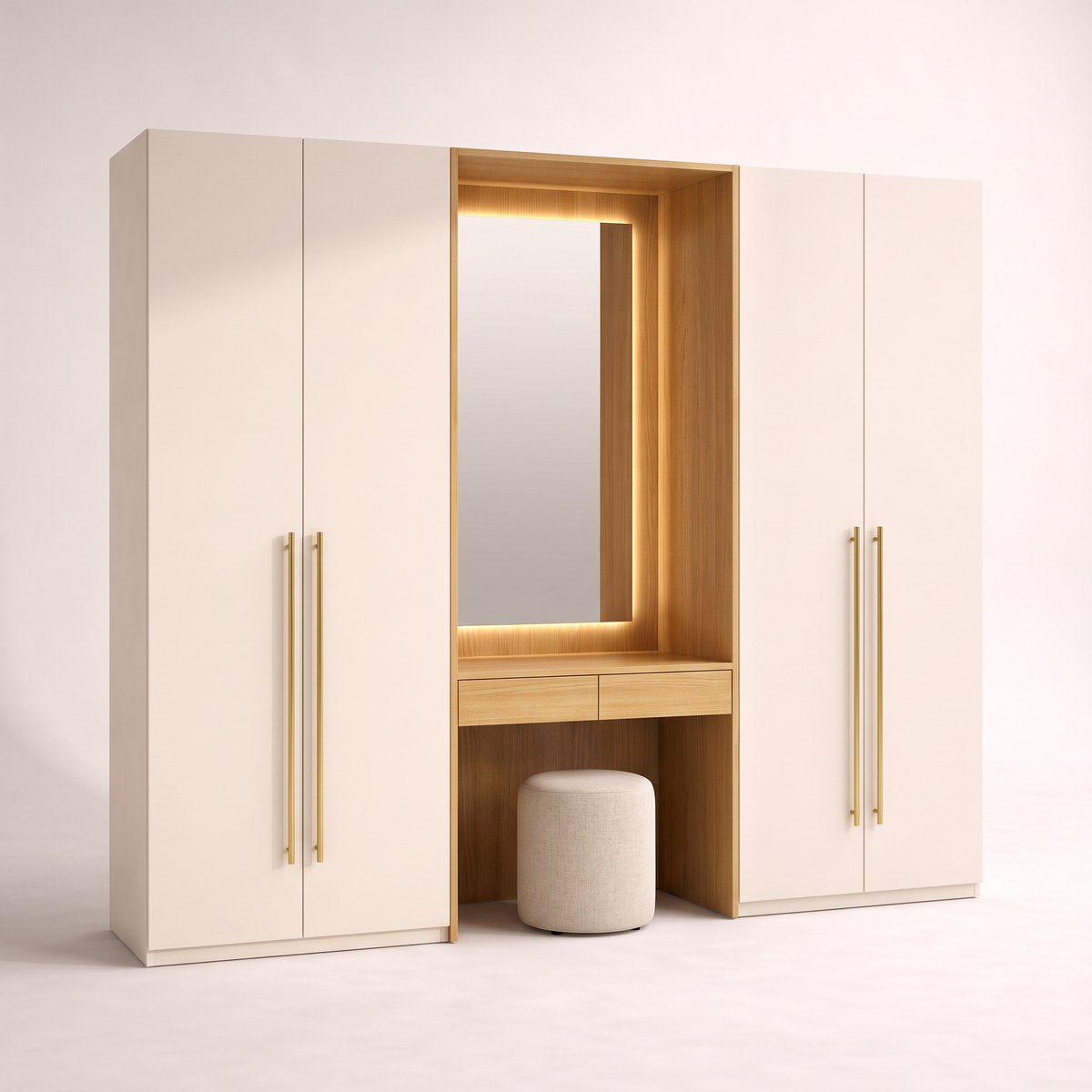 Dresser Wing Wardrobe with two ivory wardrobe wings, brass bar pulls and a central ash-lined dressing niche with backlit mirror and stool, front three-quarter view