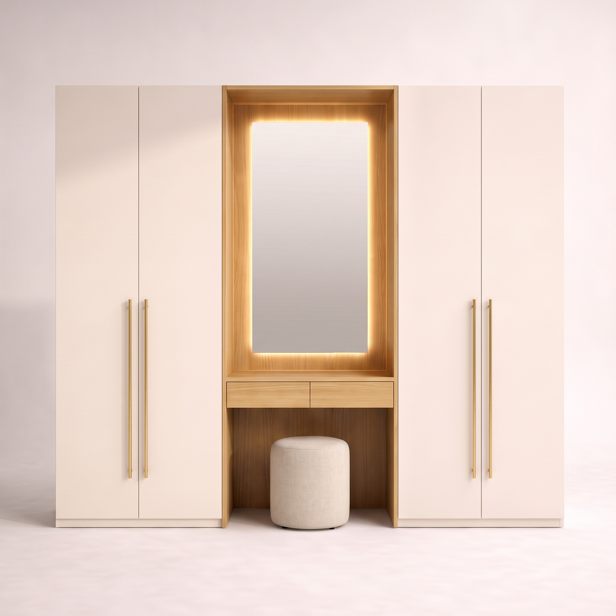 Dresser Wing Wardrobe with central backlit mirror niche between ivory wings, straight front view