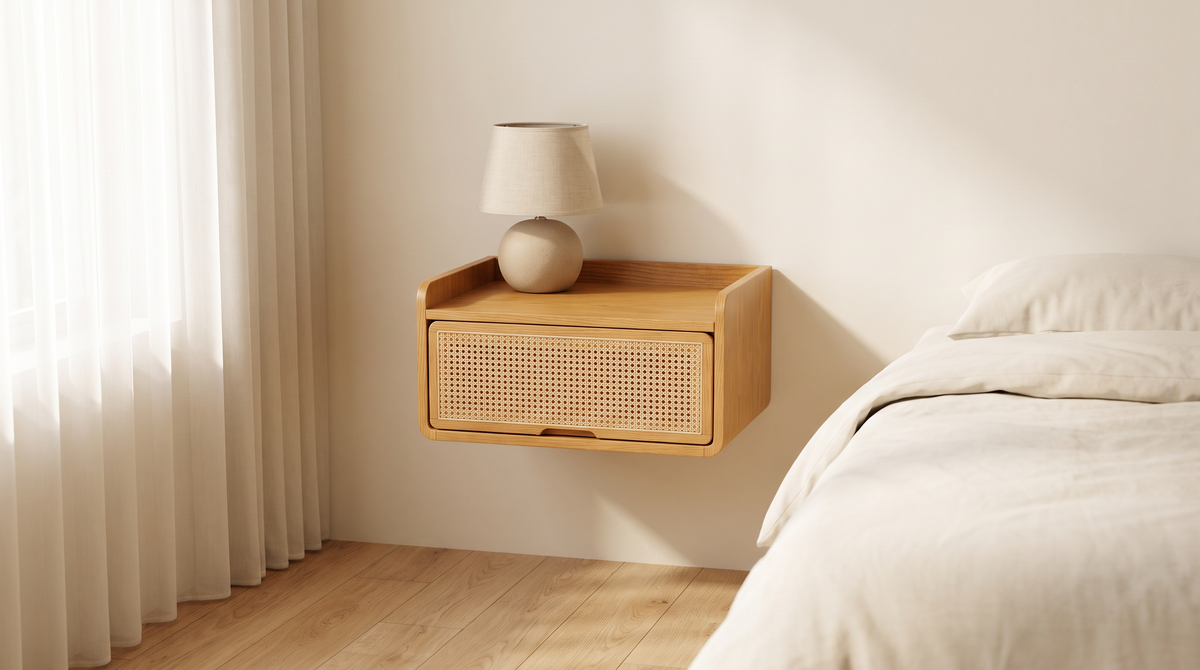 Drift Wall Bedside floating ash and cane bedside table mounted beside a bed in a calm bedroom