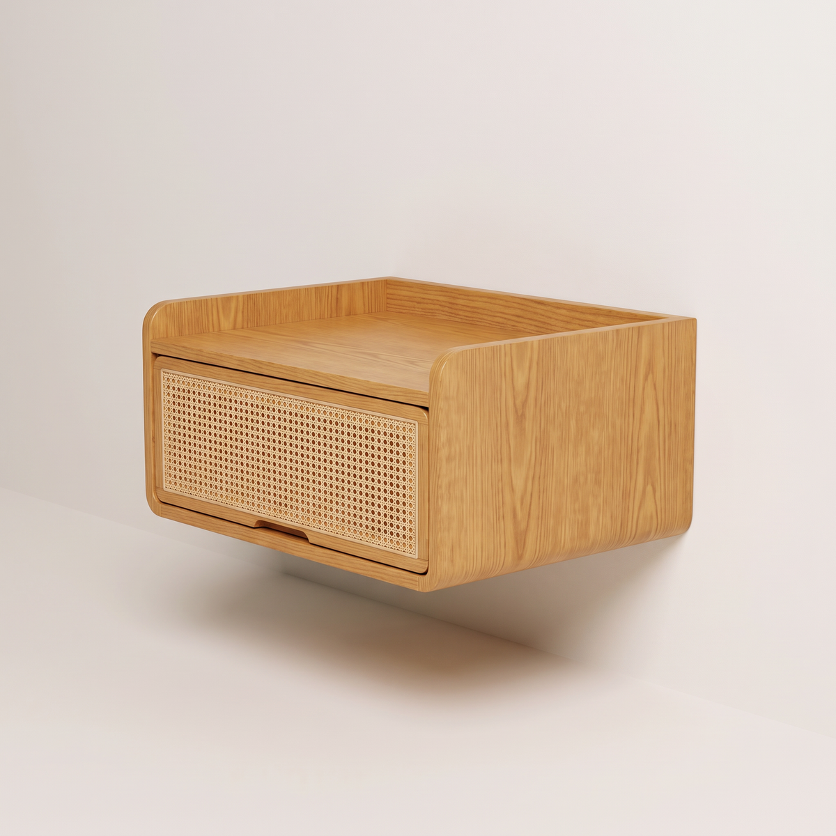 Drift Wall Bedside floating bedside table in honey ash and cane, front-right three-quarter view
