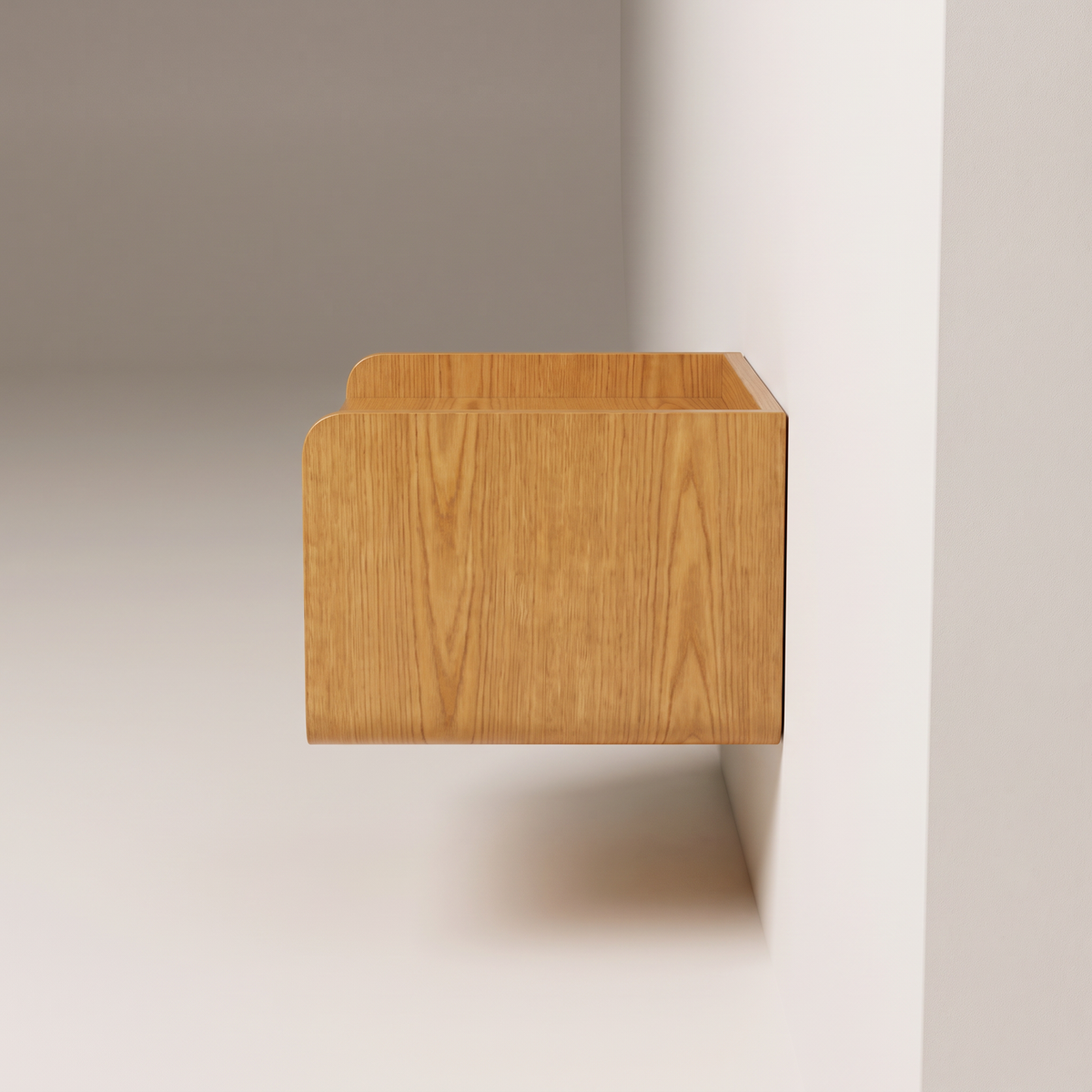 Drift Wall Bedside floating bedside table, side profile showing its depth projecting from the wall with no legs