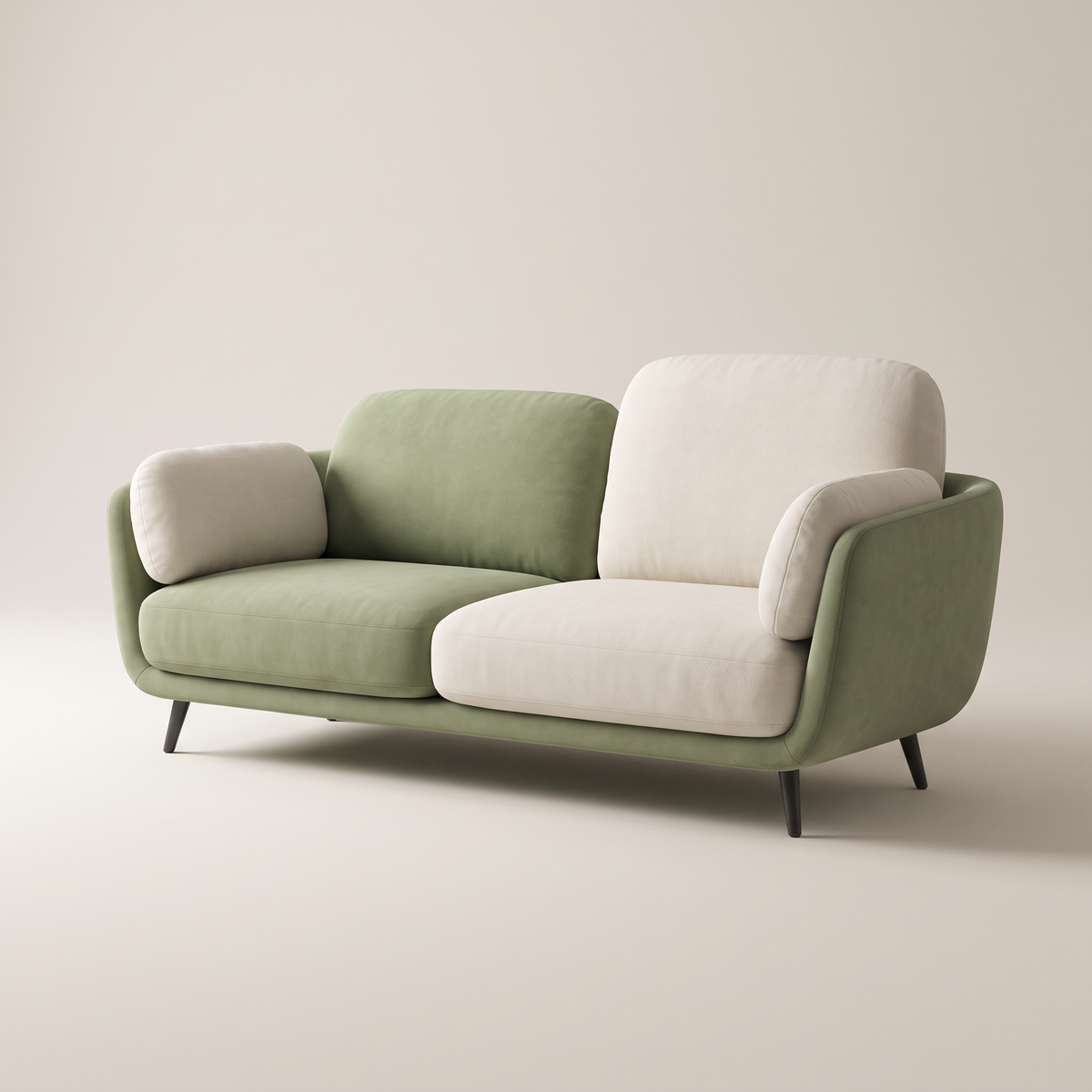 Duet Meadow sofa in sage green and ivory upholstery with dark tapered legs, three-quarter view