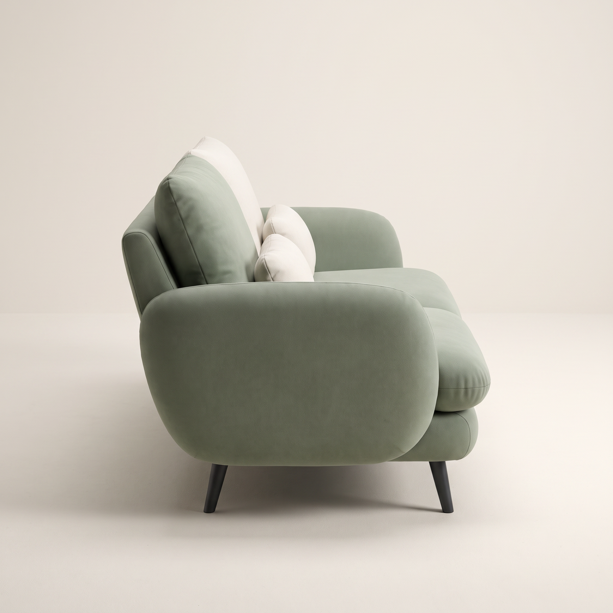 Duet Meadow sofa in sage green and ivory upholstery, side profile view