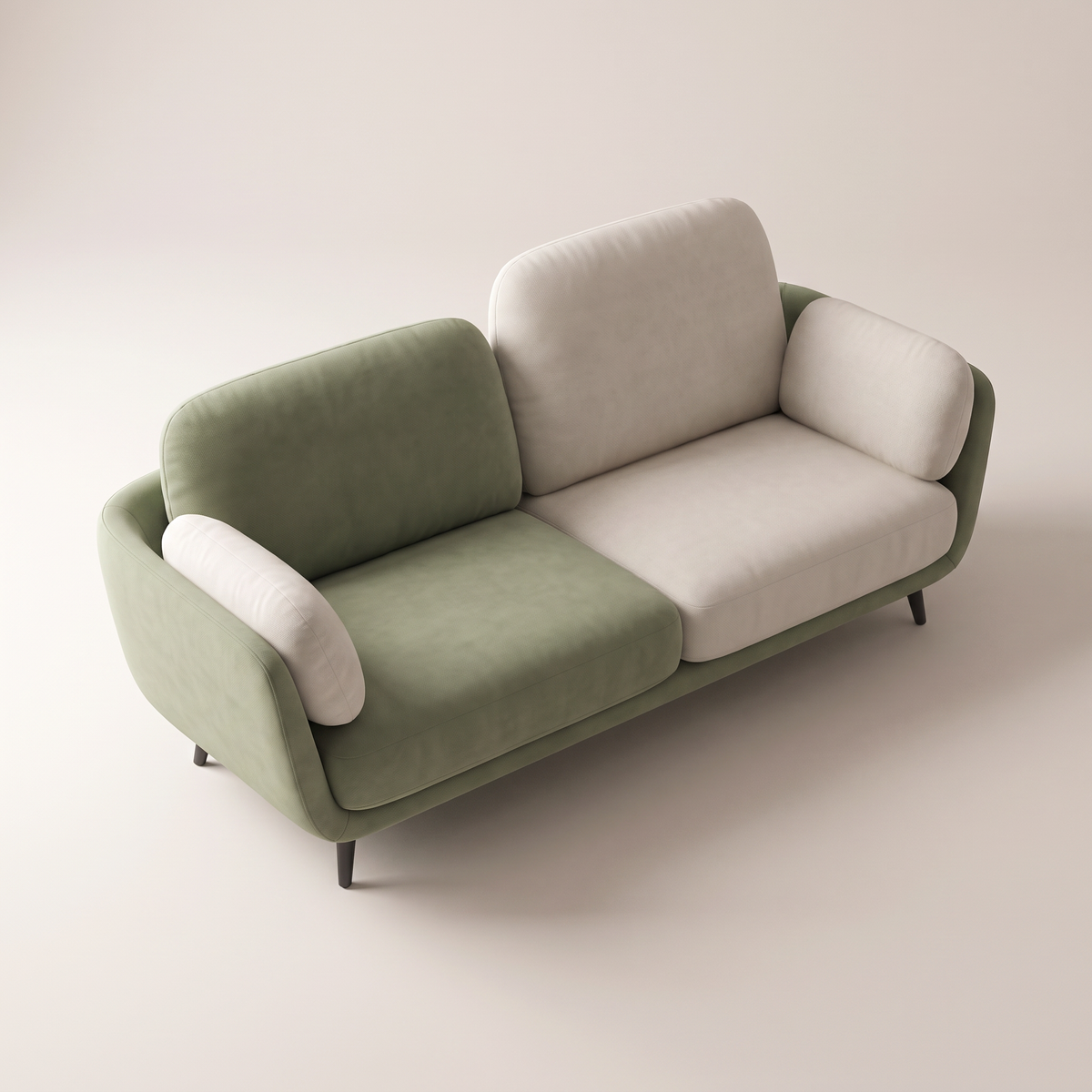 Duet Meadow sofa in sage green and ivory upholstery, elevated three-quarter view