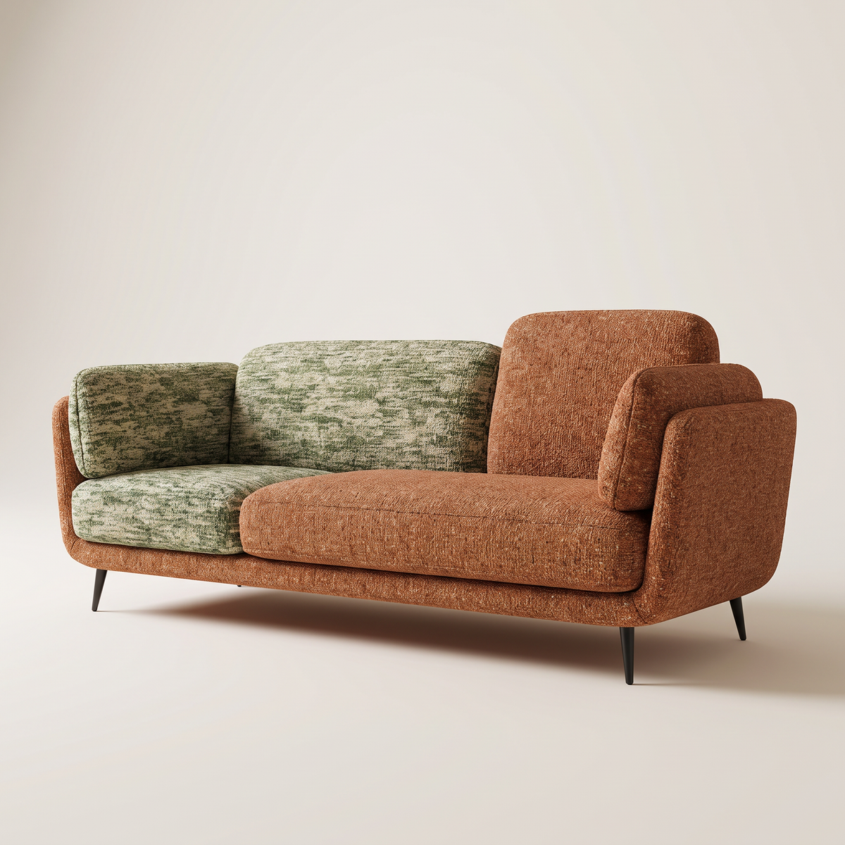 Duet Tera sofa in rust terracotta and green melange textured upholstery with black metal legs, three-quarter view
