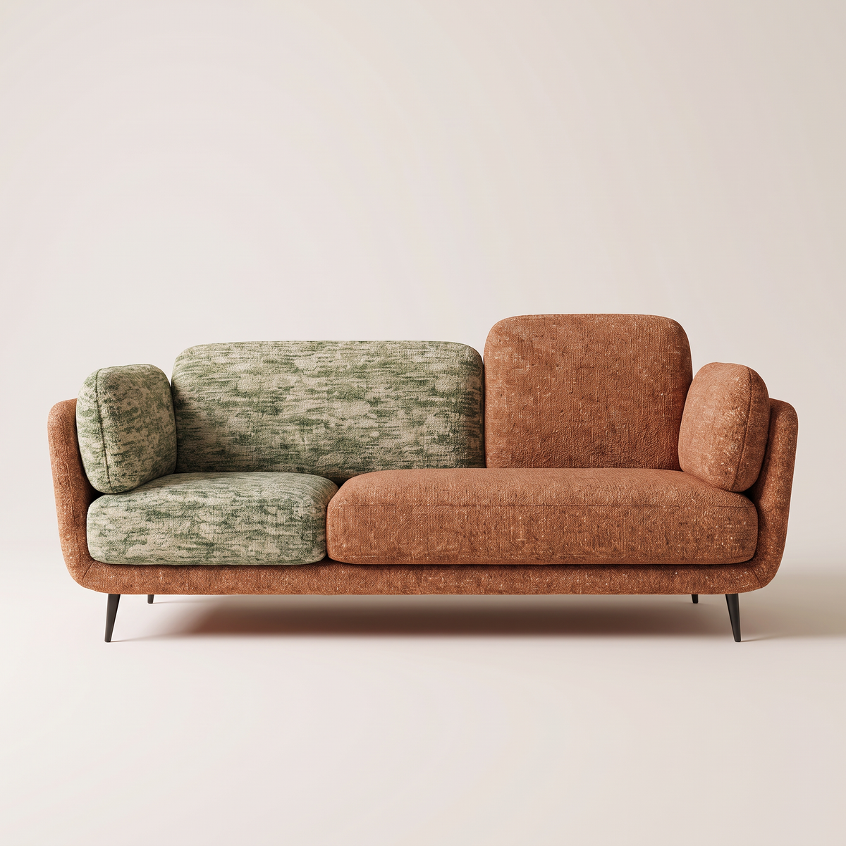 Duet Tera sofa in rust terracotta and green melange textured upholstery, front view