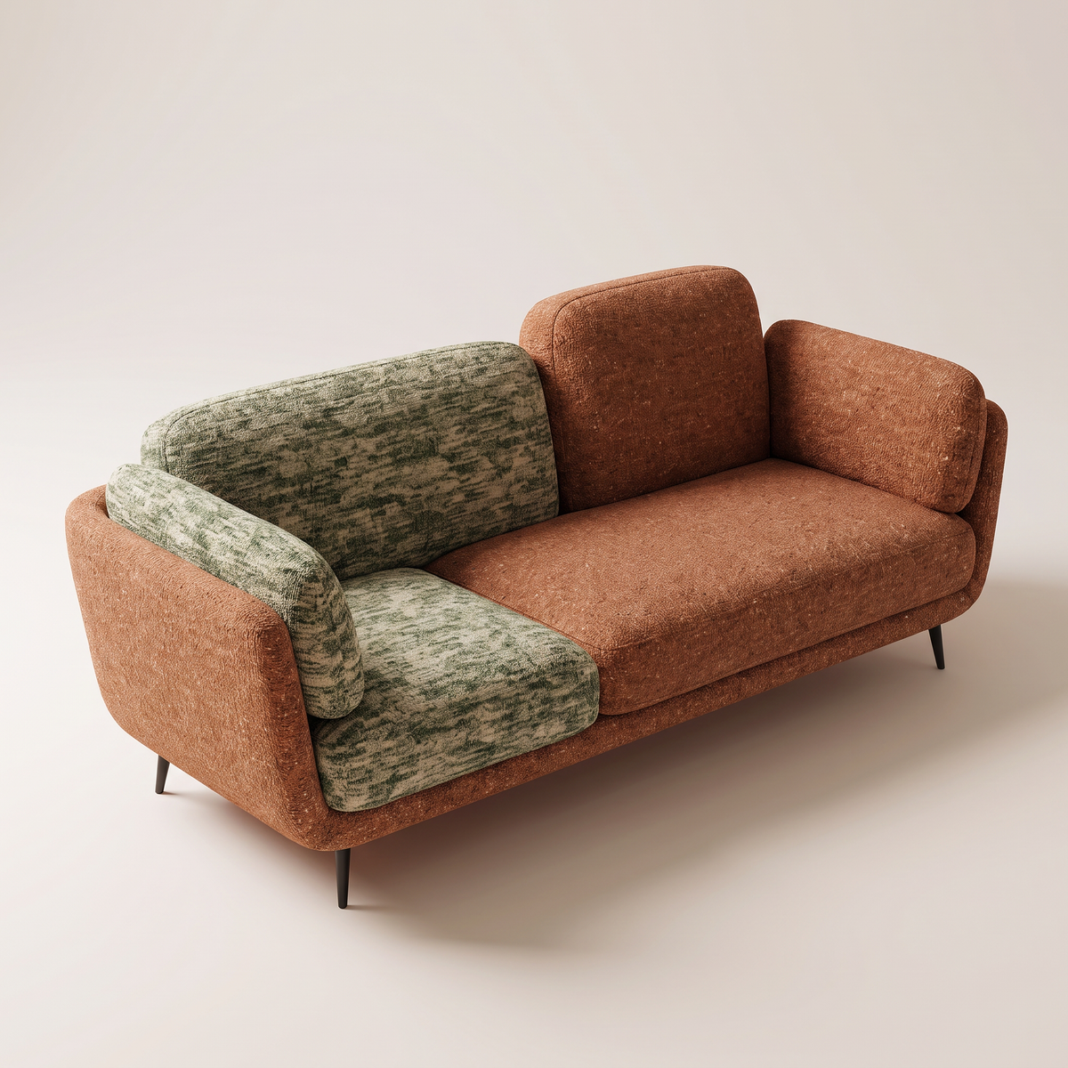 Duet Tera sofa in rust terracotta and green melange textured upholstery, elevated three-quarter view