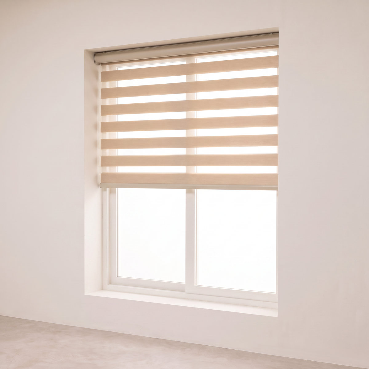 Duo Day-Night roller blind raised halfway, uncovering the lower half of the window