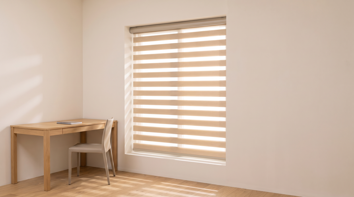 Duo Day-Night roller blind styled on a window in a calm home study