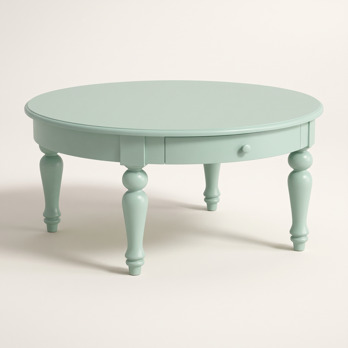 Eden Round coffee table in mint green PU finish with turned legs and front drawer, front three-quarter view