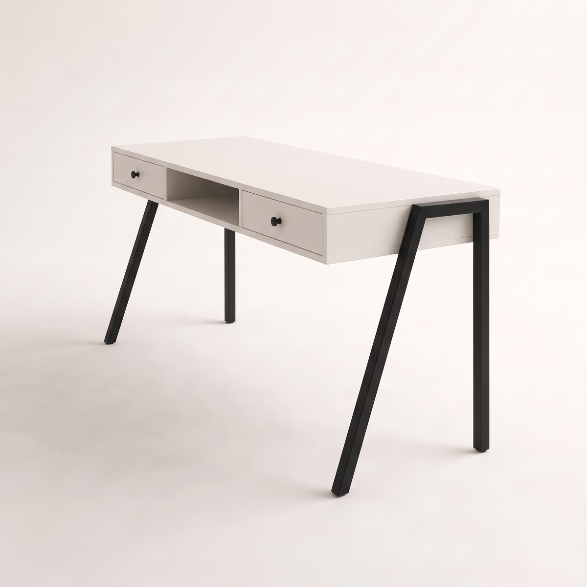 Edge Desk study desk in white laminate with black metal end frames, front-right view
