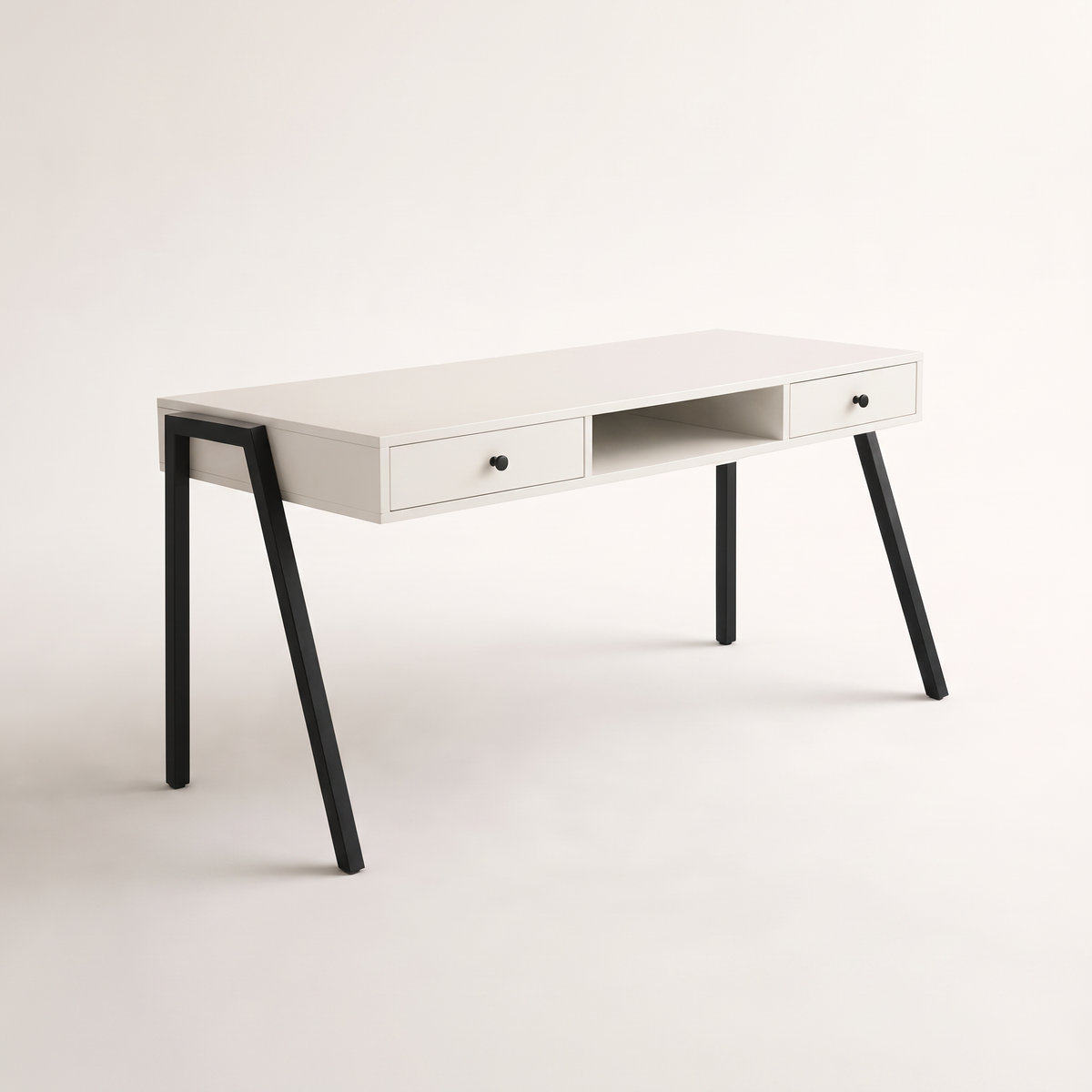 Edge Desk study desk in white laminate with black metal slanted-leg frames, front three-quarter view
