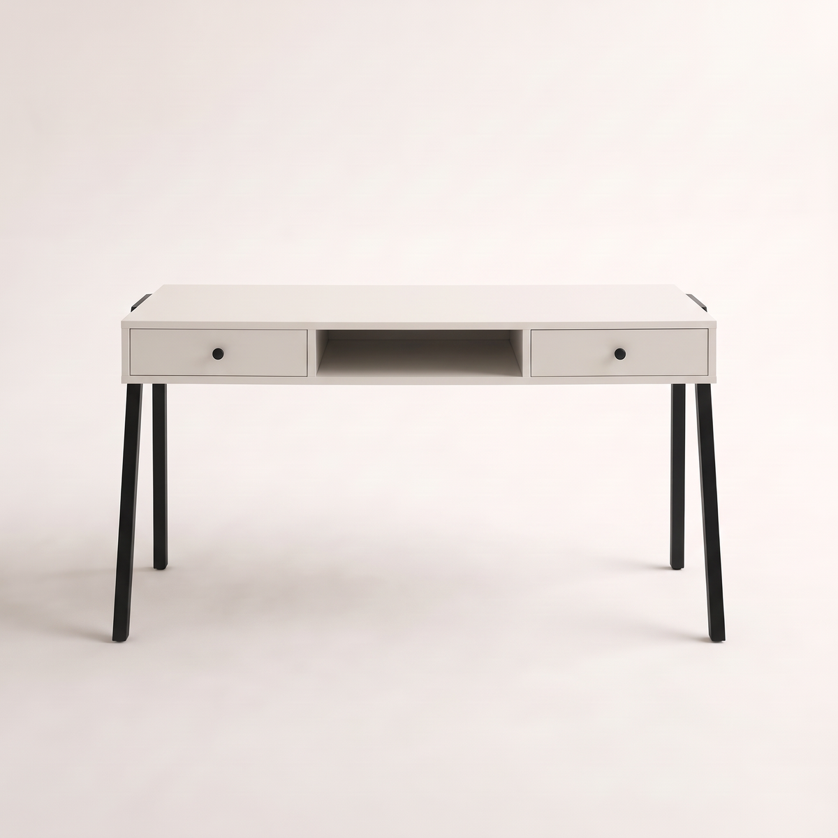 Edge Desk study desk in white laminate with two drawers and open cubby, front view