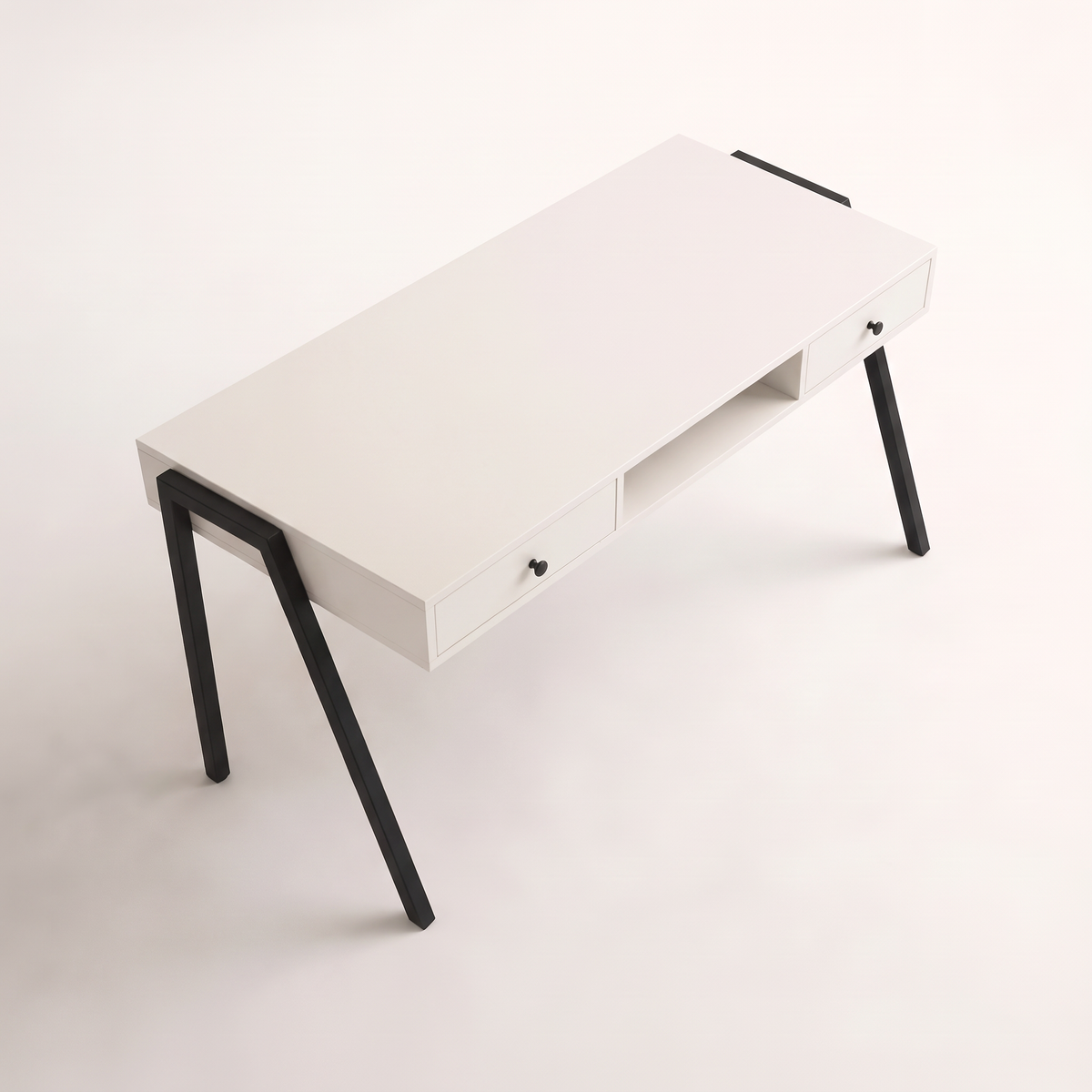 Edge Desk study desk in white laminate with black metal legs, elevated top view