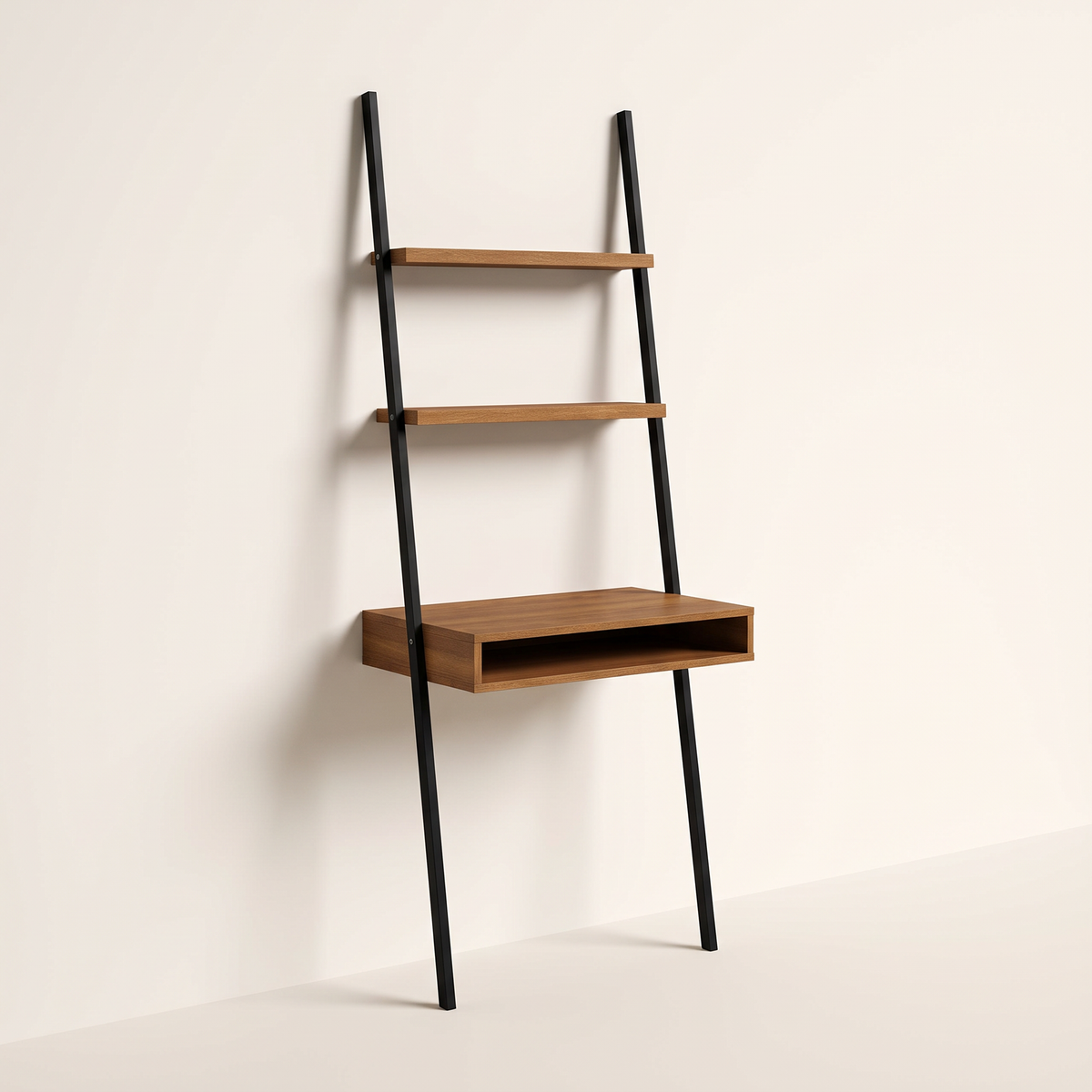 Edge Ladder Desk leaning study desk with black metal uprights and warm wood-tone shelves, front three-quarter view