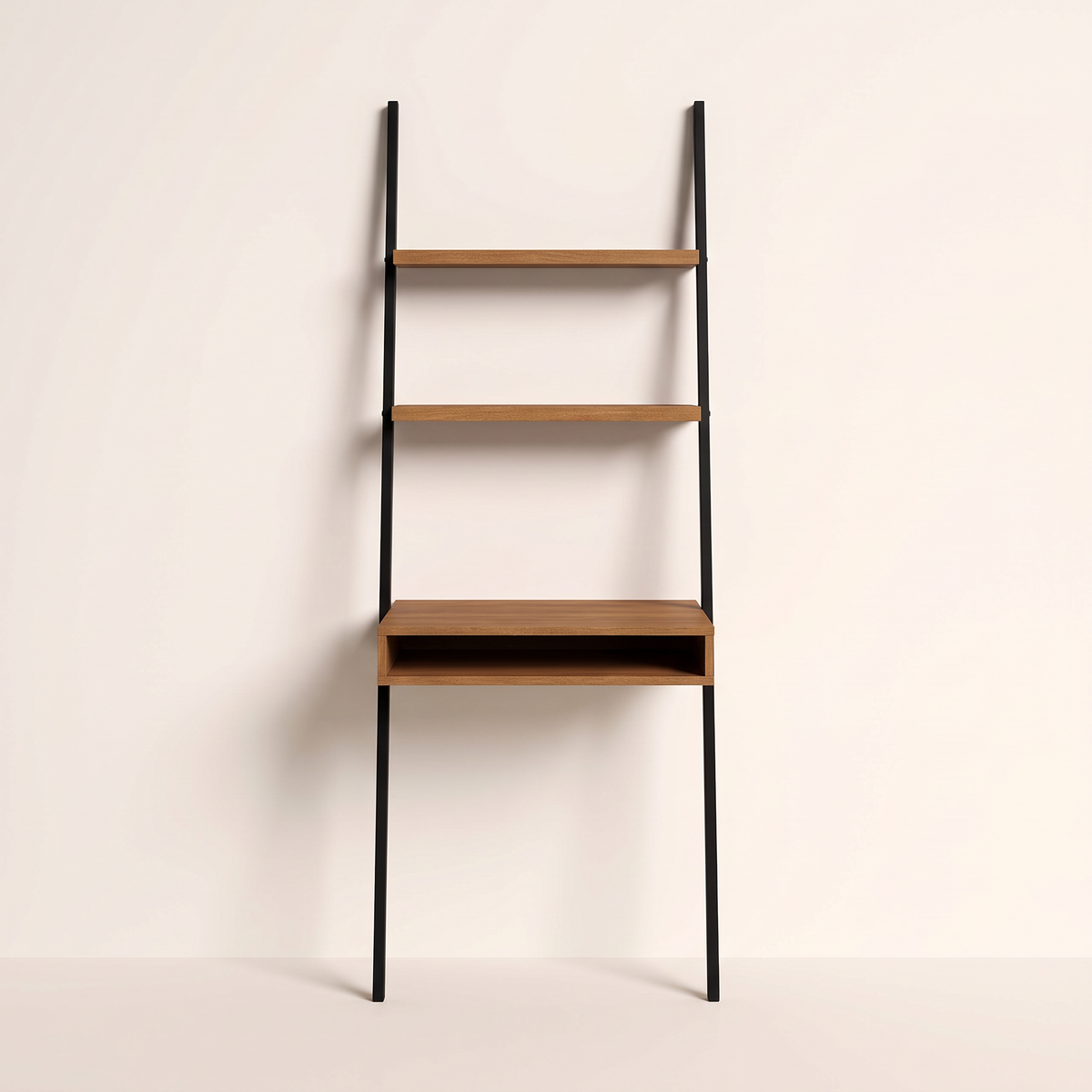 Edge Ladder Desk leaning study desk with two shelves and open-cubby desk, front view