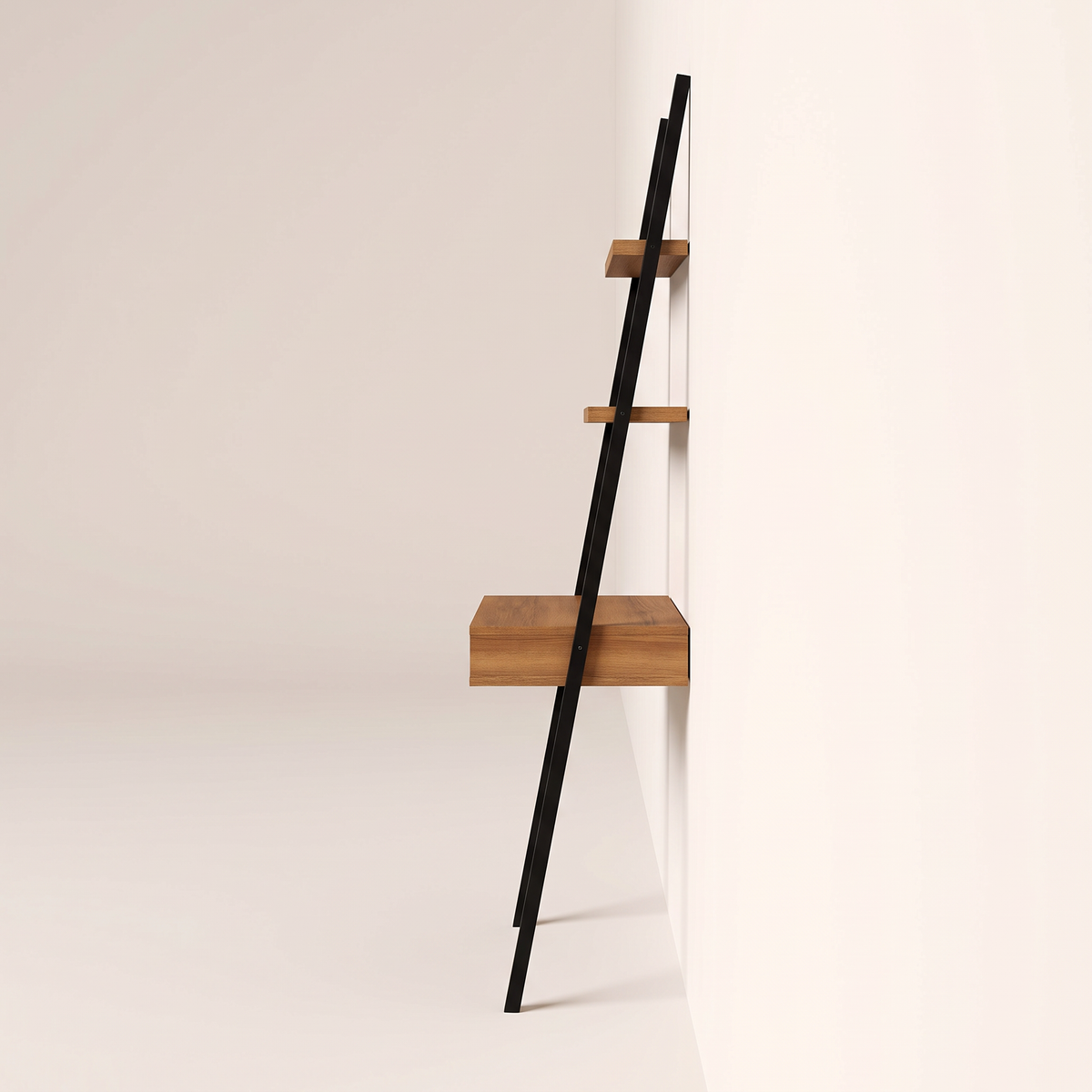 Edge Ladder Desk leaning study desk with black metal uprights, side profile view