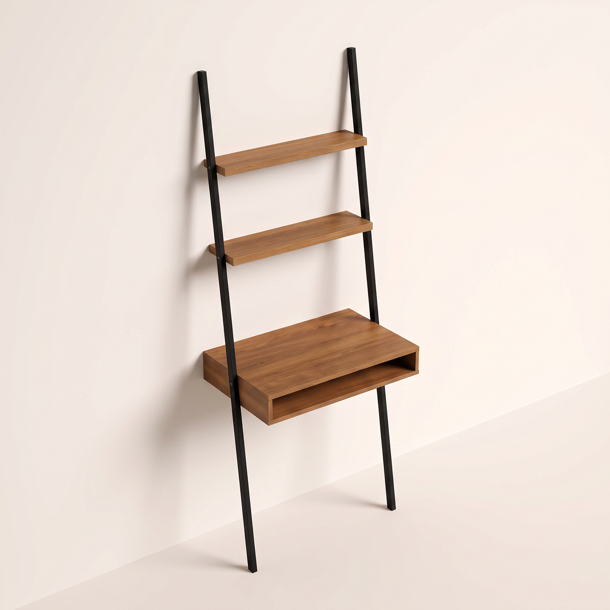 Edge Ladder Desk leaning study desk in warm wood tone and black metal, elevated top view