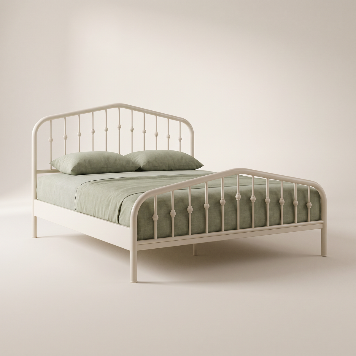 Elara bed in off-white powder-coated steel with beaded spindle headboard and footboard, front three-quarter view