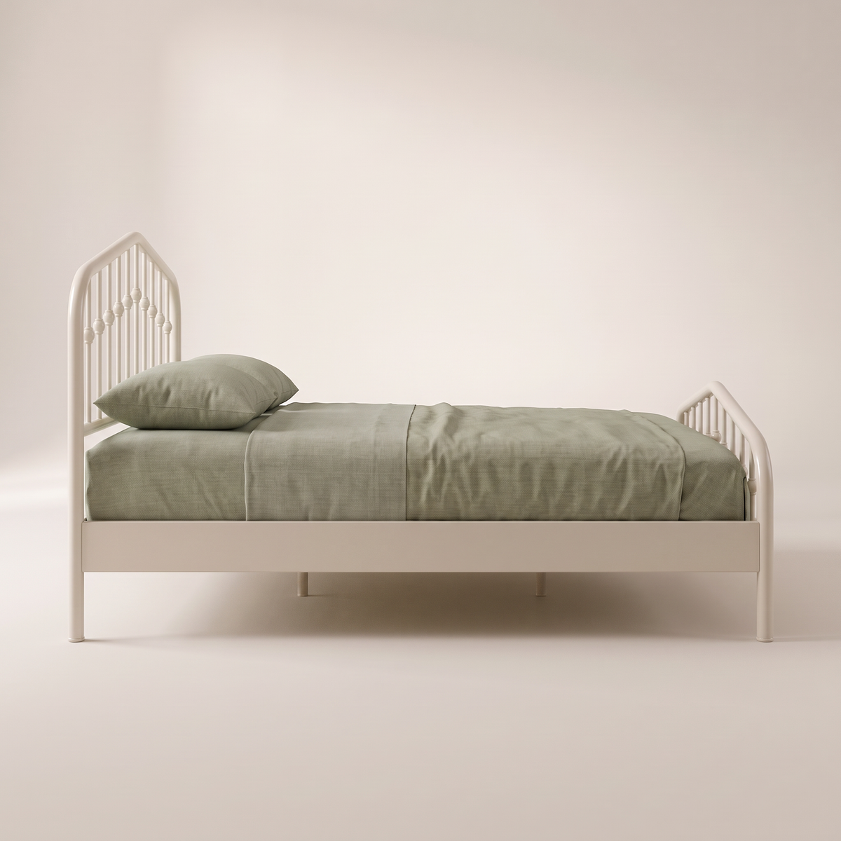Elara bed in off-white powder-coated steel, side profile view