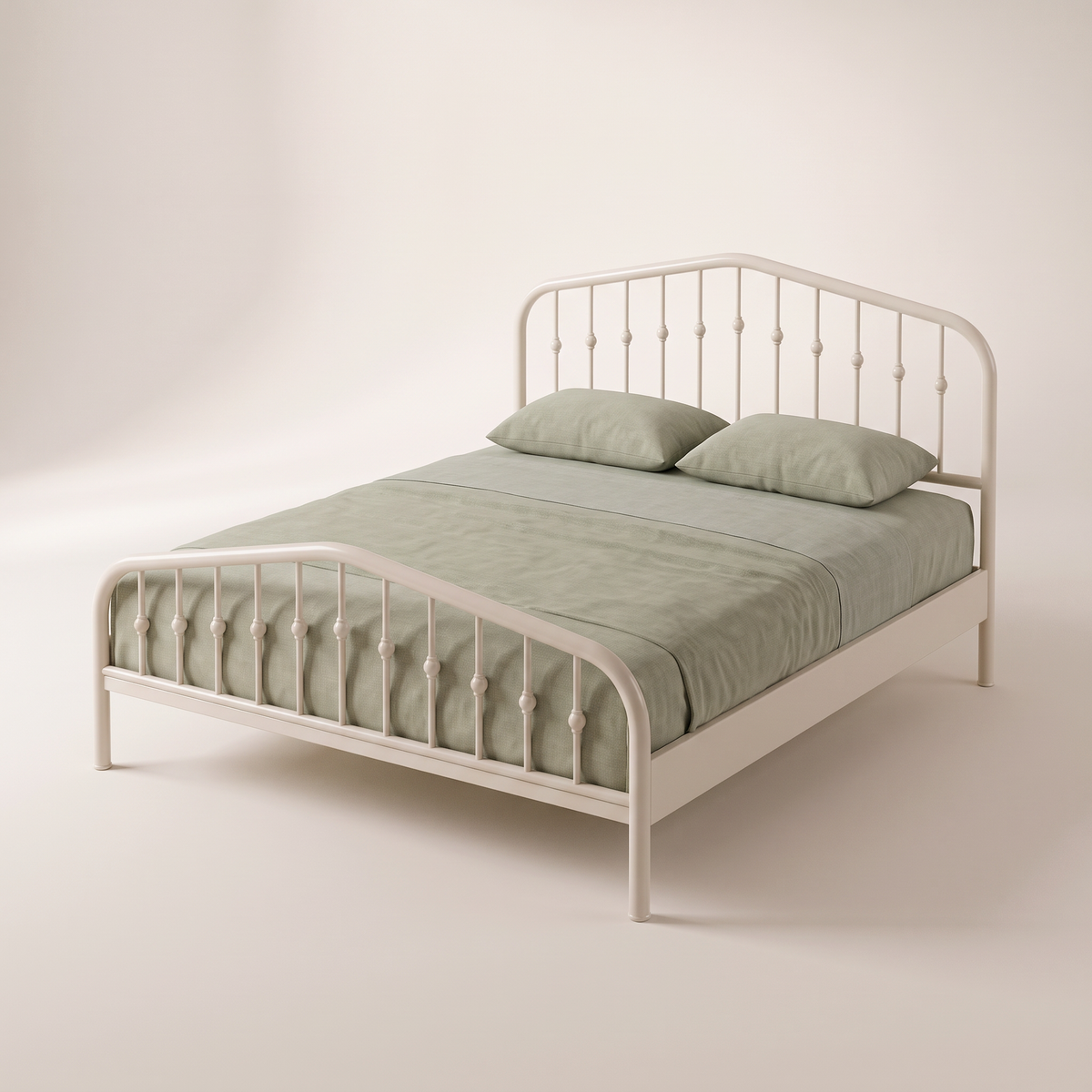 Elara bed in off-white powder-coated steel with sage bedding, elevated three-quarter view