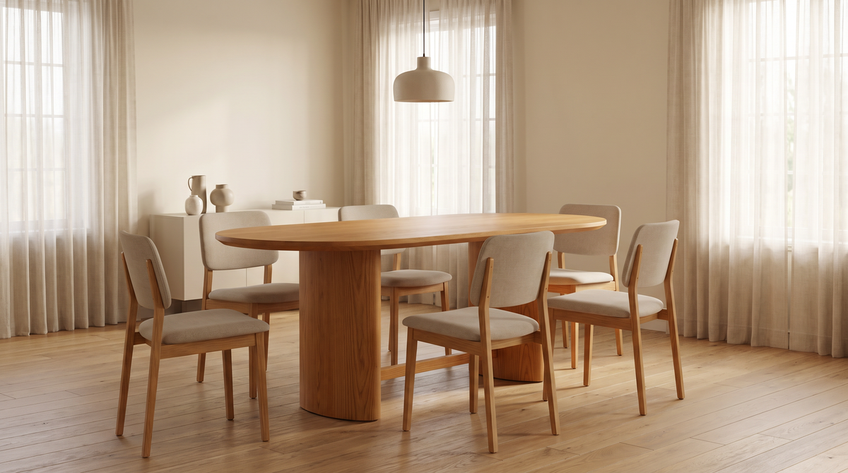 Ember Oval honey ash oval dining table styled in a calm dining room with neutral chairs