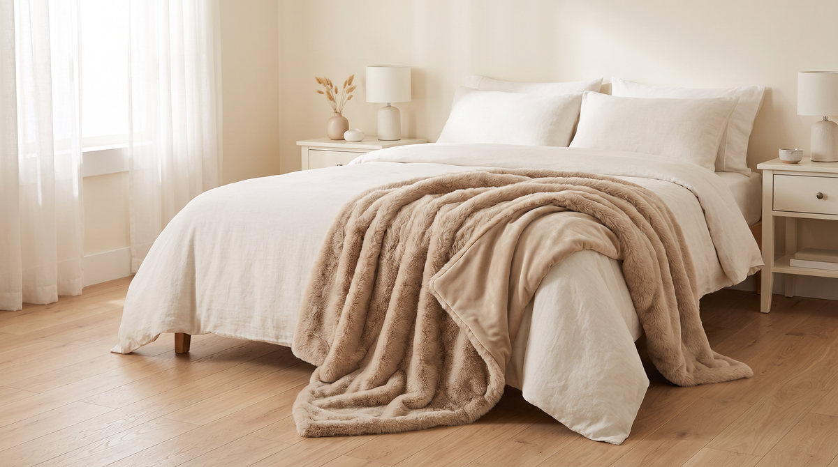 Faux Fur Throw in oat draped over the foot of a bed in a calm bedroom