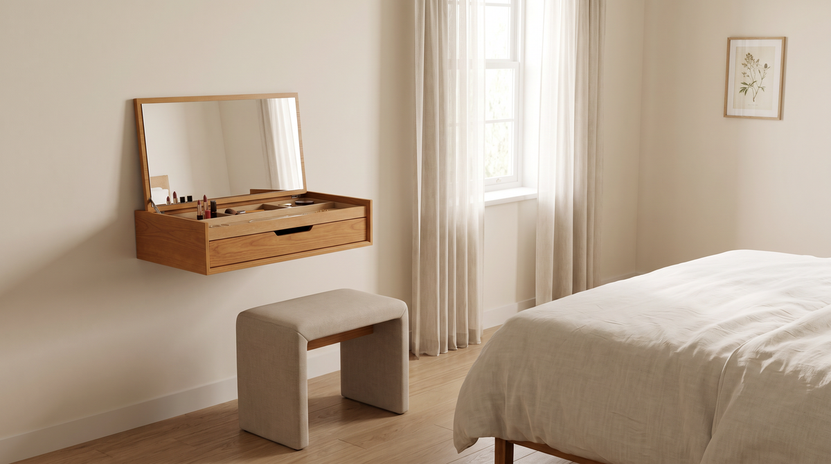 Flip Lid Vanity Console with mirror lid raised, mounted on a wall in a calm bedroom