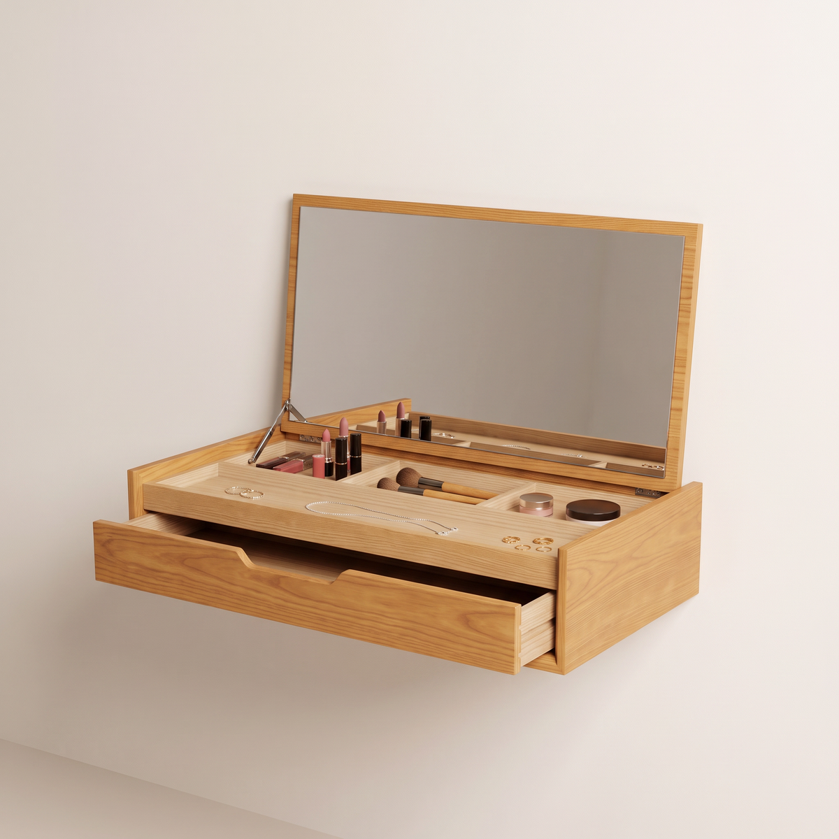 Flip Lid Vanity Console in honey ash with mirror lid raised and drawer slightly open, front-right three-quarter view