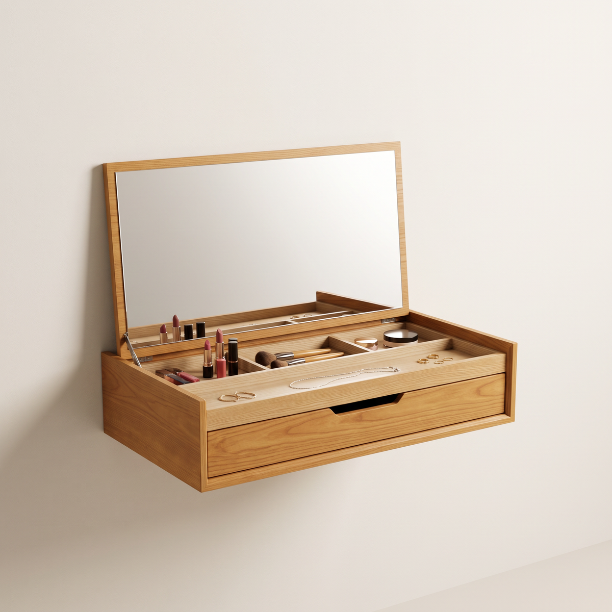 Flip Lid Vanity Console, floating honey ash veneer console with lid raised to show a mirror, compartment tray with makeup and jewellery, and finger-pull drawer, three-quarter studio view