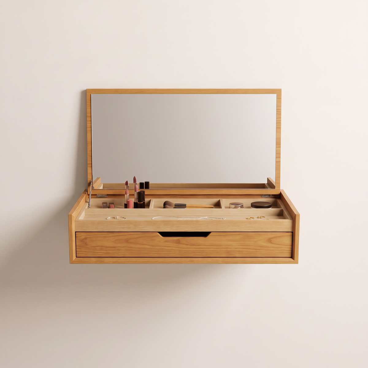 Flip Lid Vanity Console in honey ash with mirror lid raised, straight front view
