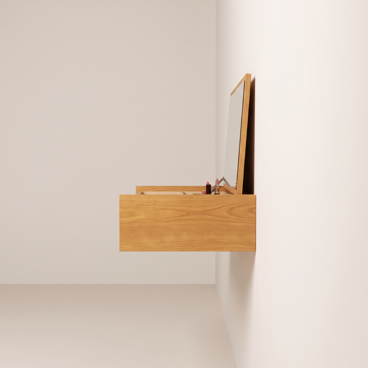 Flip Lid Vanity Console side profile showing the slim floating ash box and raised lid