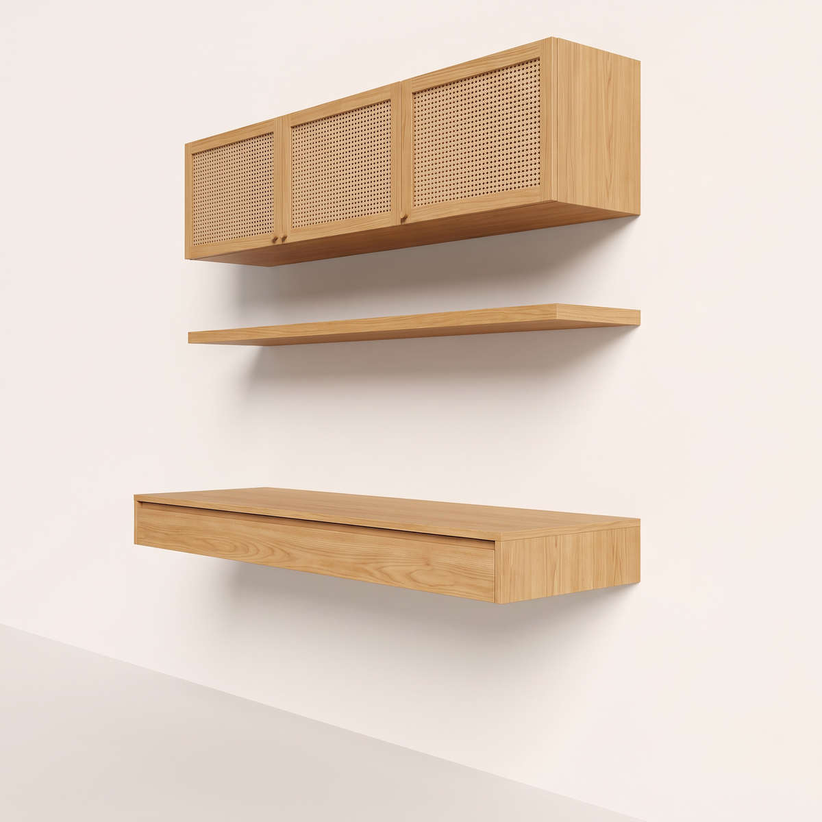 Floating Cane Study ash desk and cane-door cabinets, front-right three-quarter view