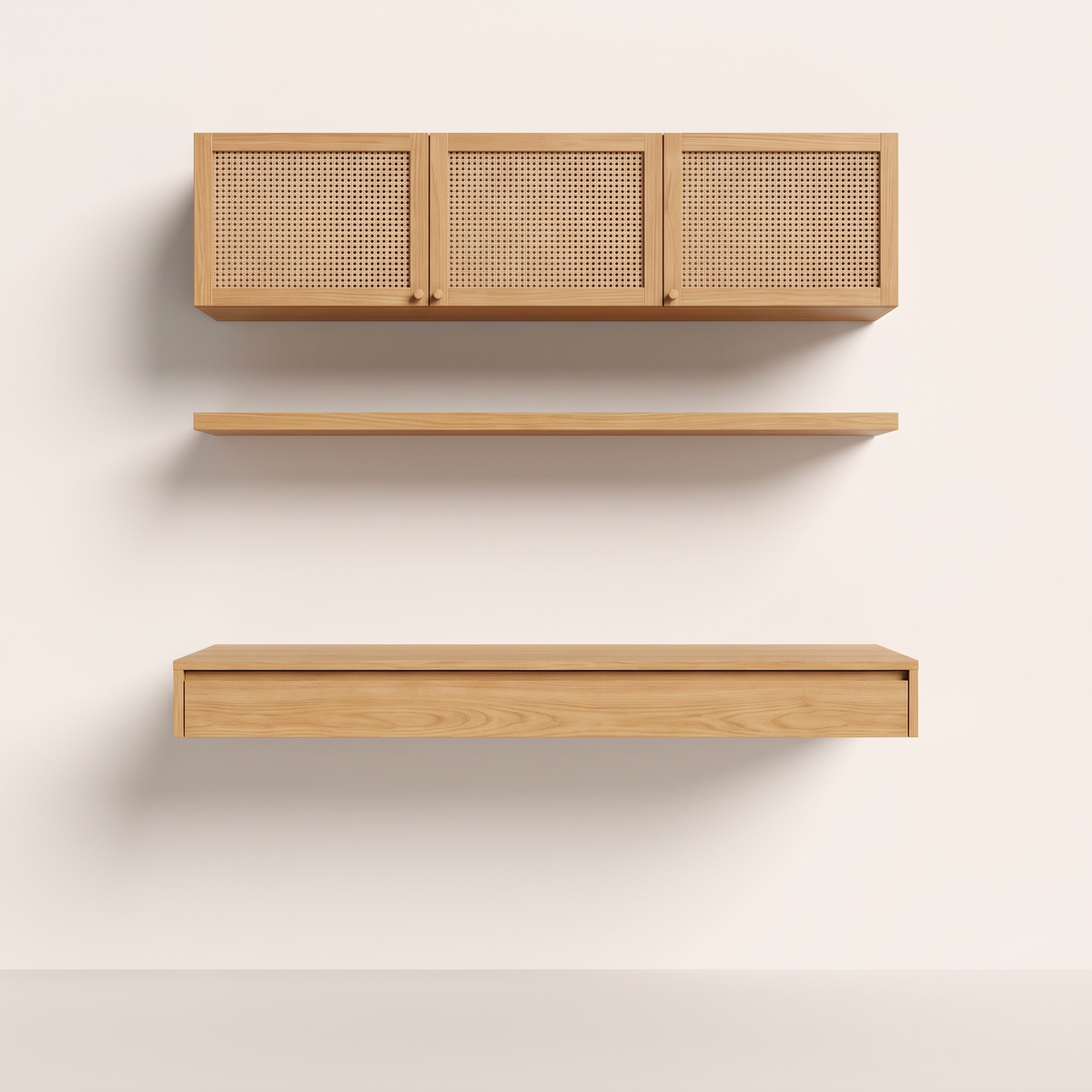 Floating Cane Study ash floating desk, shelf and cane-door wall cabinets, straight front view