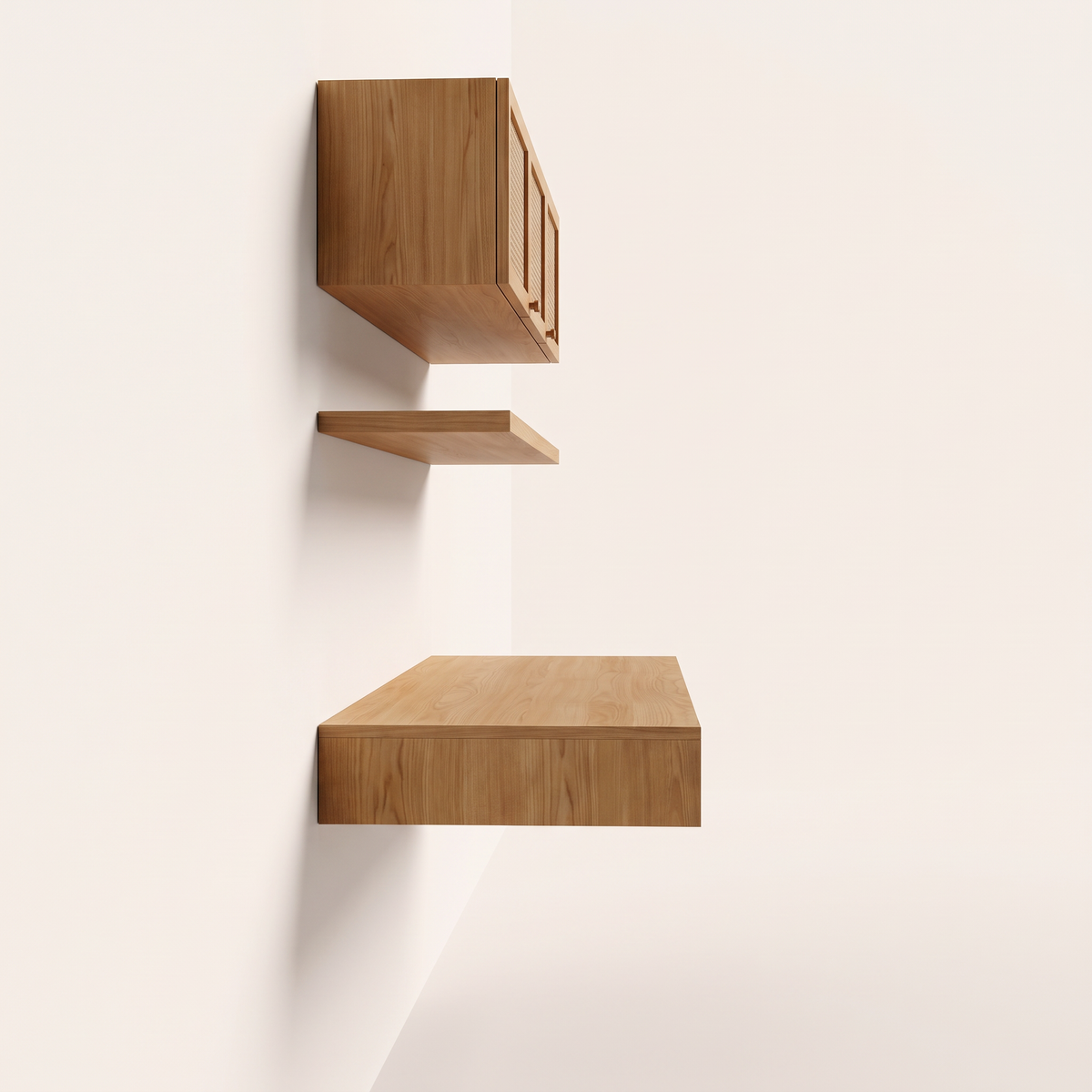 Floating Cane Study wall-hung ash desk, shelf and cabinet seen from the left side