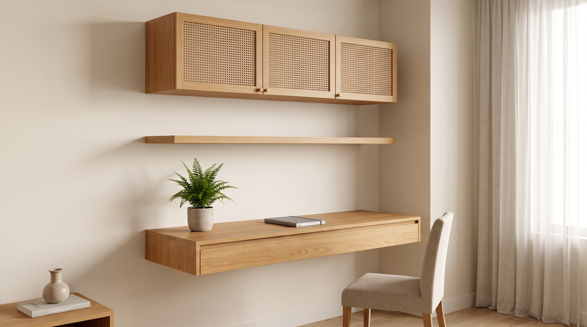 Floating Cane Study wall-hung study styled in a calm compact home study