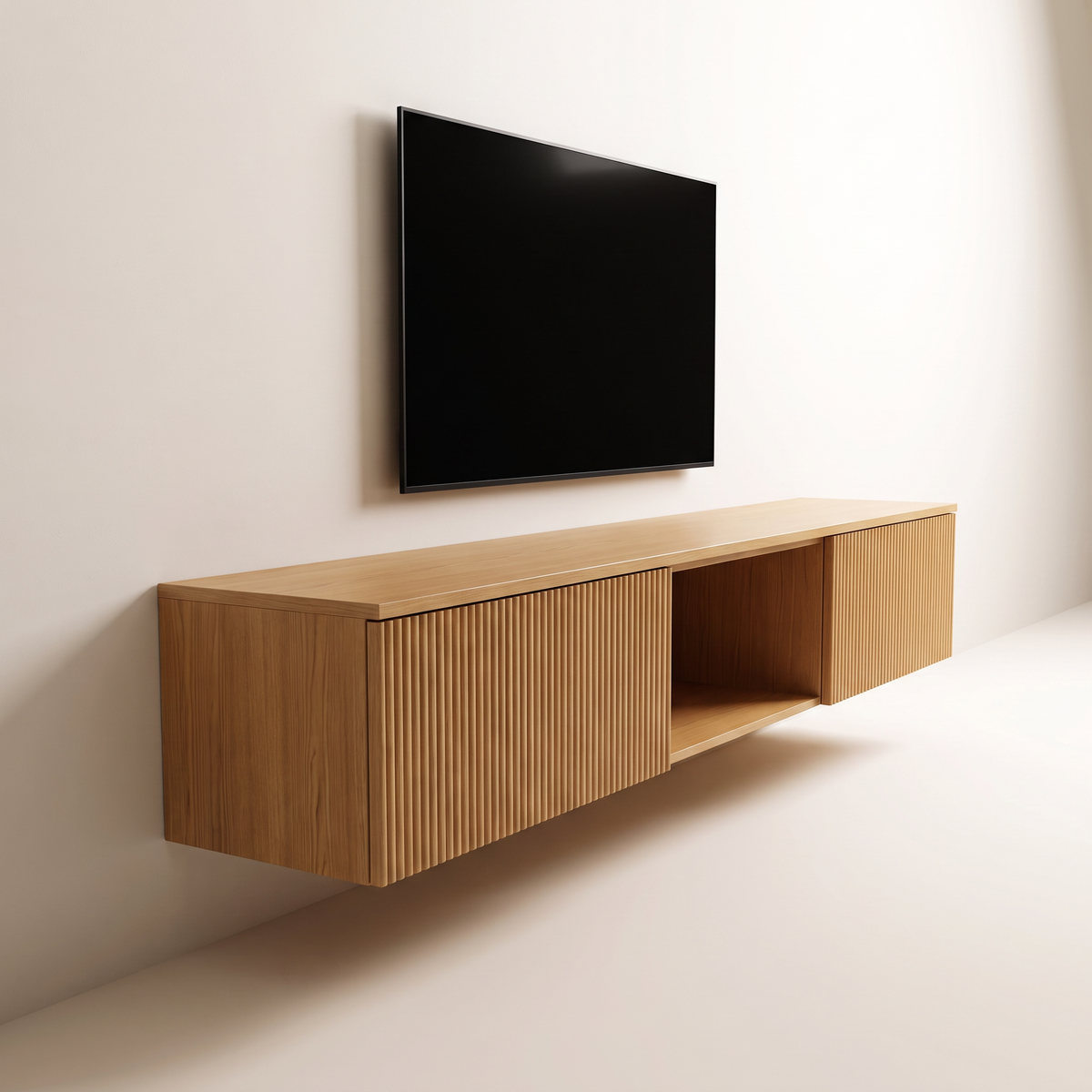 Fluted Float Console wall-hung TV unit with fluted honey ash doors, opposite three-quarter view