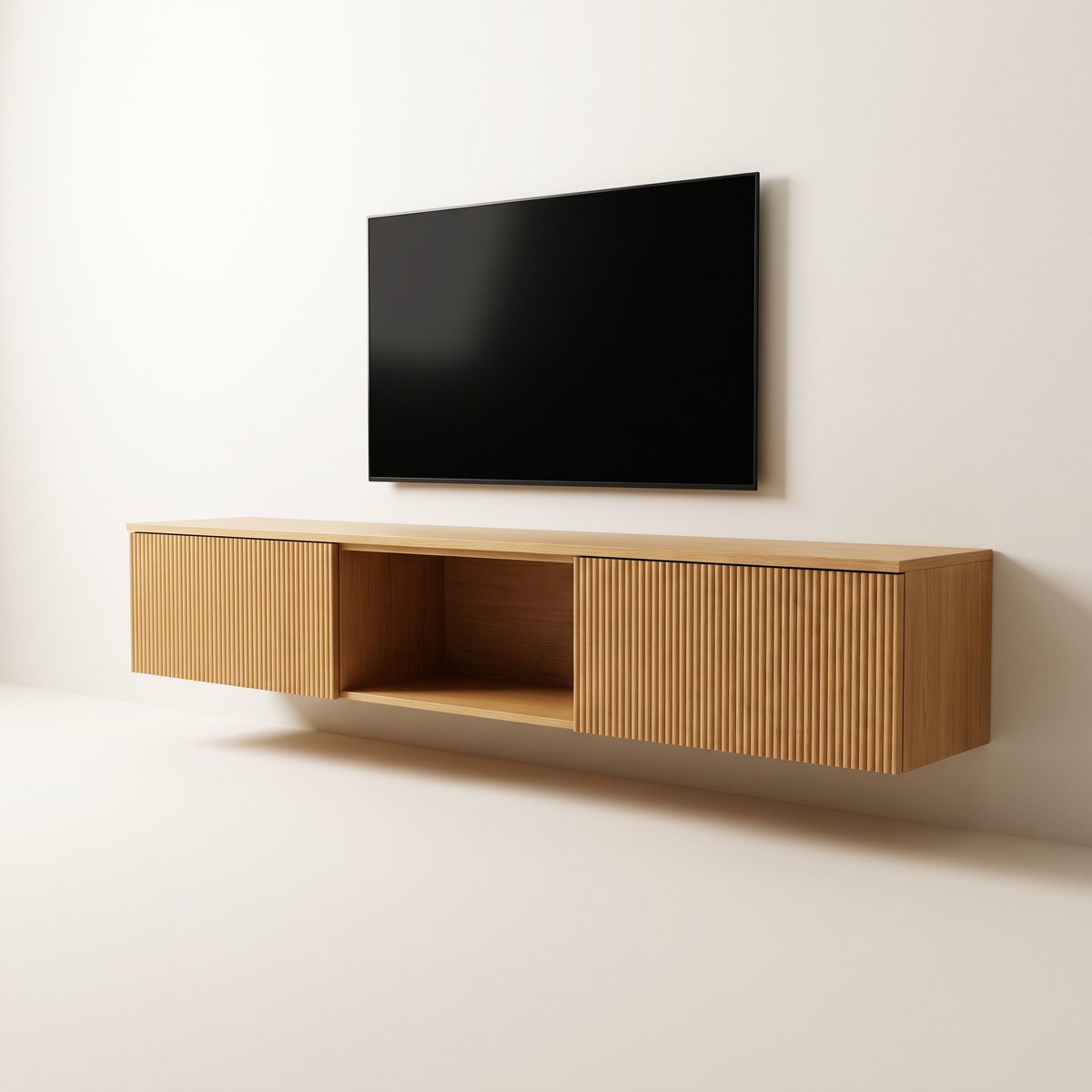 Fluted Float Console wall-hung TV unit with fluted honey ash veneer doors and a central open bay, three-quarter view