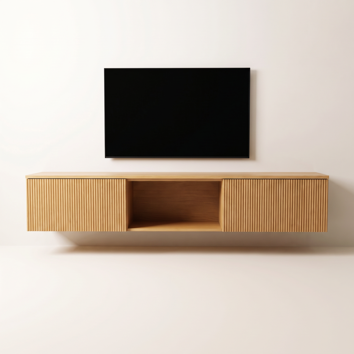 Fluted Float Console wall-hung TV unit in honey ash veneer, straight front view