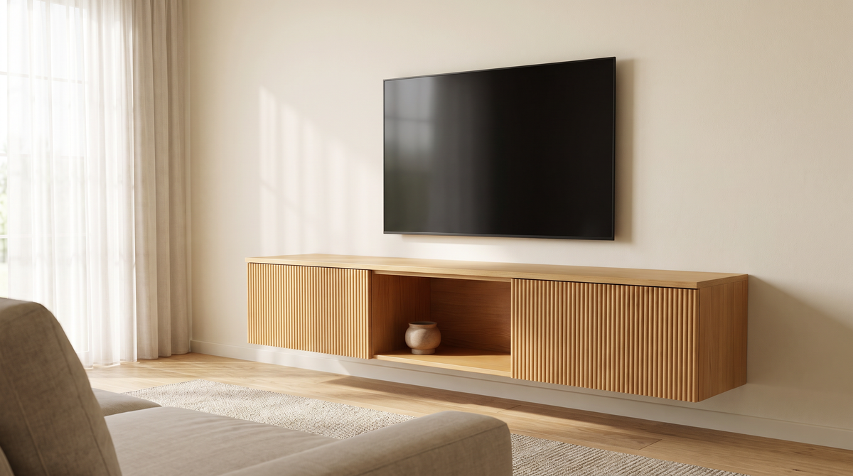 Fluted Float Console wall-hung TV unit styled in a calm living room