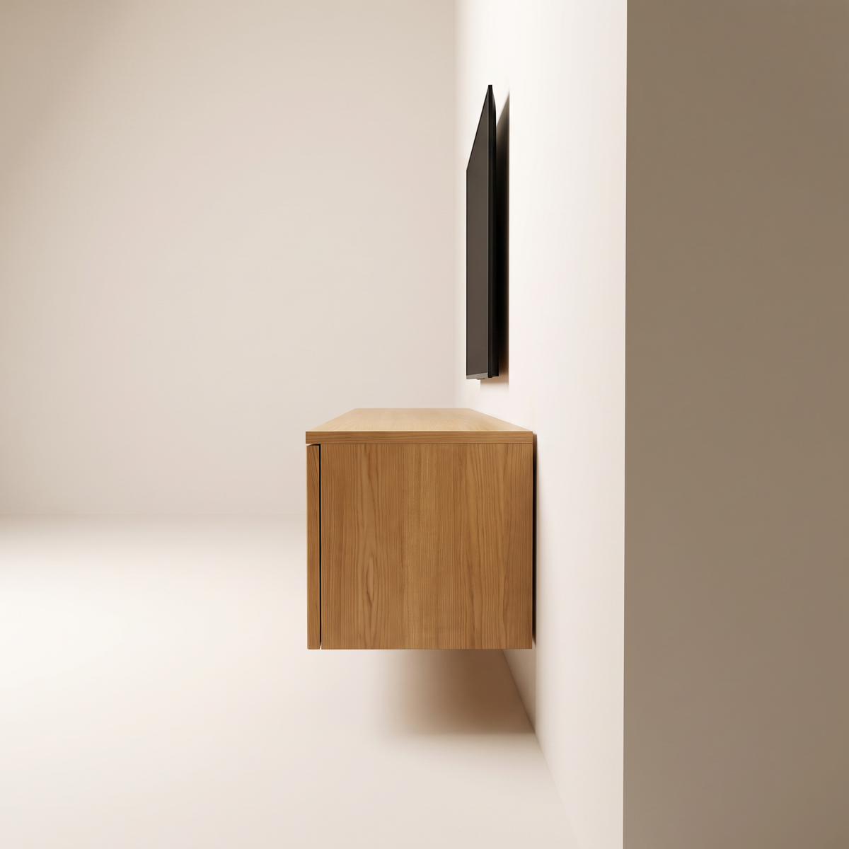 Fluted Float Console wall-hung TV unit, side profile showing its floating depth
