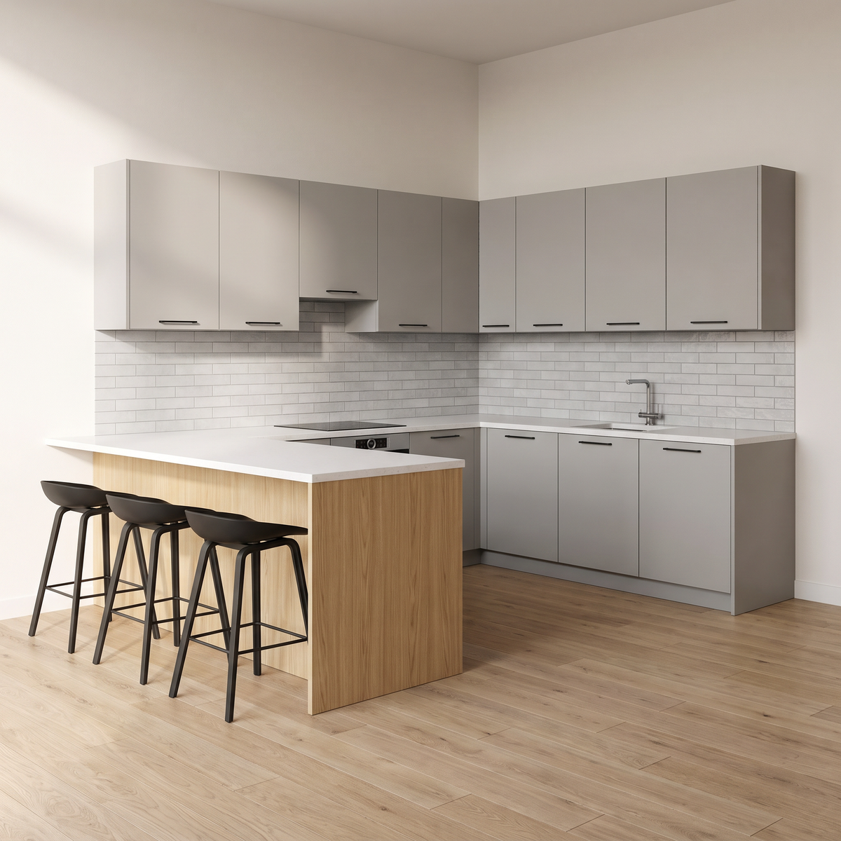 Fog Peninsula G-shaped kitchen in fog-grey matte with black bar pulls, ash-clad peninsula breakfast bar and three black stools, front three-quarter view