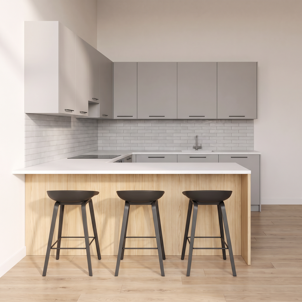 Fog Peninsula kitchen, straight front view of the ash-clad peninsula with three bar stools