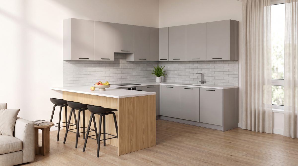 Fog Peninsula kitchen styled in a semi-open apartment beside the living area