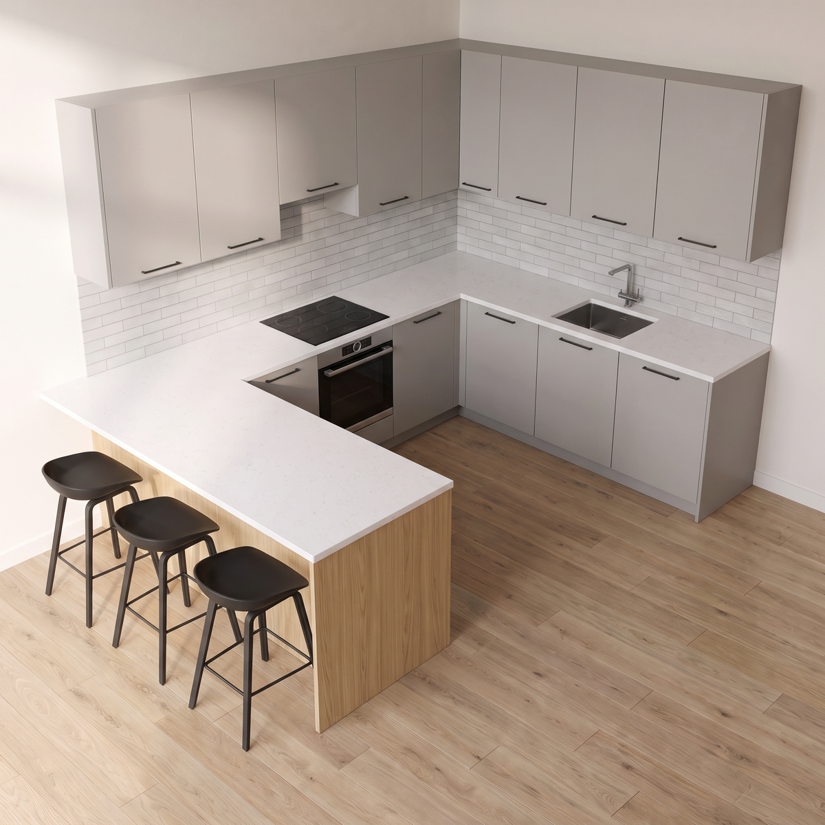 Fog Peninsula kitchen from above, showing the white quartz worktops, hob, sink and peninsula