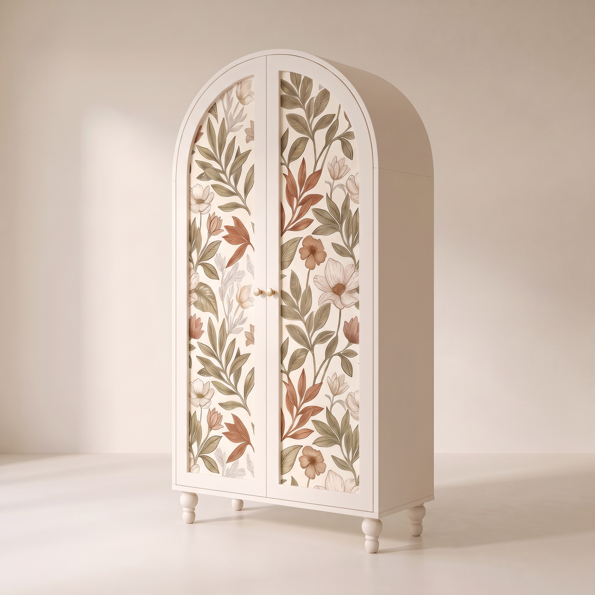Folio Arch Wardrobe with botanical wallpaper doors, front-right three-quarter view