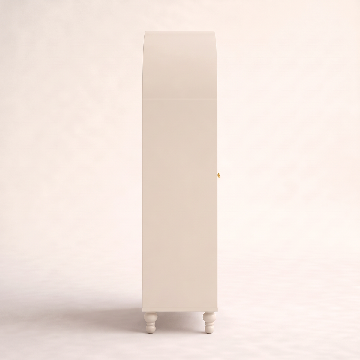Folio Arch Wardrobe in ivory lacquer, left side profile showing the curved top and turned legs