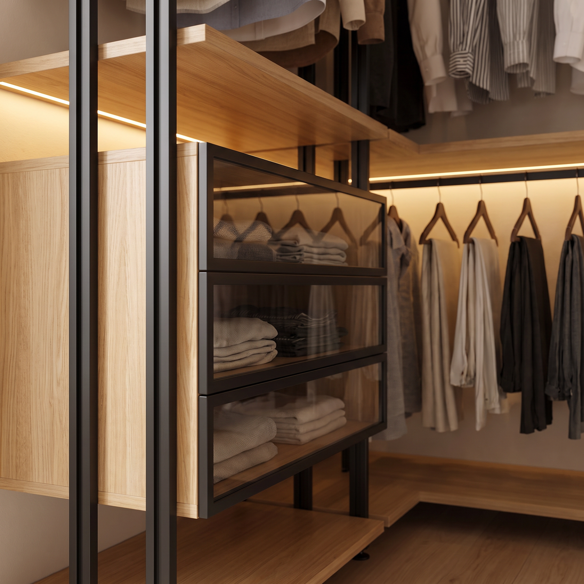 Frame Open Closet detail: glass-front drawers in thin black frames beside a black aluminium post and an LED-lit ash veneer shelf