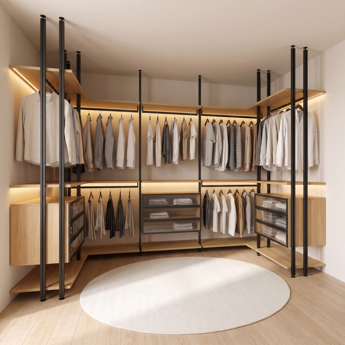 Frame Open Closet design proposal: U-shaped open walk-in closet with slim black aluminium posts, honey ash veneer shelves with warm LED strips and glass-front drawers, front three-quarter view